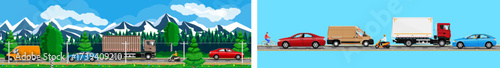 Road trip with vehicles, man on bicycle, and man on scooter traveling on highway with mountains and trees in background.