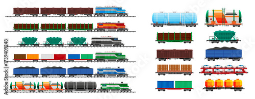 Freight train locomotives and various cargo wagons set. Rail transport for goods delivery. Flat style railway vehicle collection.