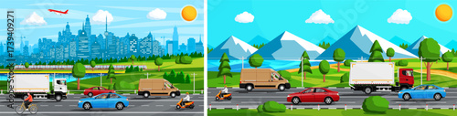 City and mountain landscape with different transport. Urban and nature vehicles travel. Flat style global infrastructure concept illustration.