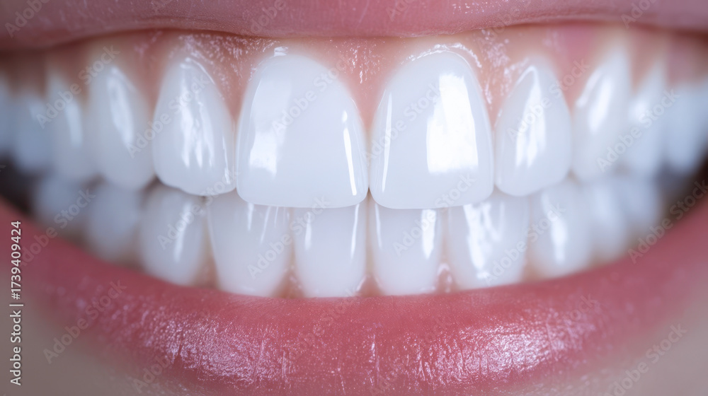 Obraz premium Macro close-up of bright white teeth with shiny lips, dental health and cosmetic dentistry concept