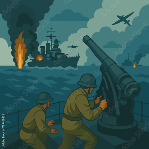 WW2 Naval Defense Cartoon Illustration – Soldiers Aiming Anti-Aircraft Gun at Enemy Planes