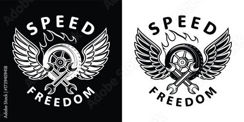 Vintage style winged wheel with crossed wrenches and flames, text reads speed and freedom, black and white graphic design for tshirt or sticker
