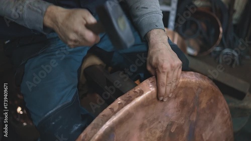 Traditional coppersmith workshop for copper brewing pots manufacturing. This handmade brewery kettles will be used for making traditional alcohol brandy drinks. Small traditional business concept.