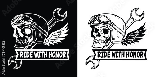 Stylized illustration of a skull wearing a helmet and goggles with wings and a wrench, featuring the text ride with honor on a black and white background