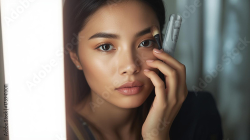 Portrait of a young woman applying makeup on her face using a brush in front of a mirror.