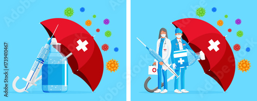 Medical protection against virus. Doctor and woman medical worker with vaccine, sanitizer. Healthcare team fighting infectious disease, coronavirus.