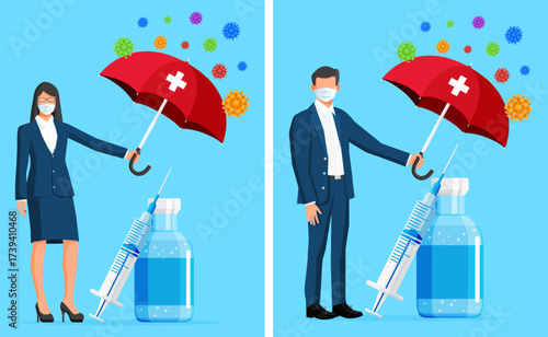 Woman and man with mask holding umbrella, protecting from virus. Medical umbrella shield and vaccine injection concept for immune system protection.