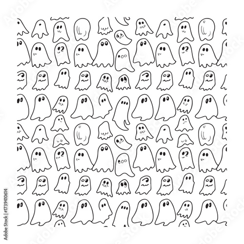 Seamless pattern of cute ghosts and spooky faces, Halloween background for decoration and party design