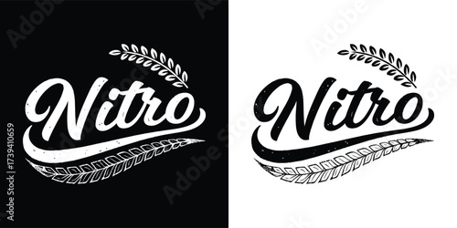 Nitro text logo with distressed effect and tire track accent, presented in both black and white versions for versatile design applications