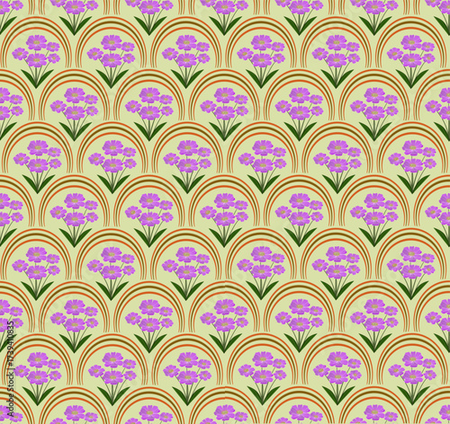 A decorative repeating pattern with clusters of small purple and pink flowers nestled inside a semi-circular, rainbow-striped arch design against a light green background.