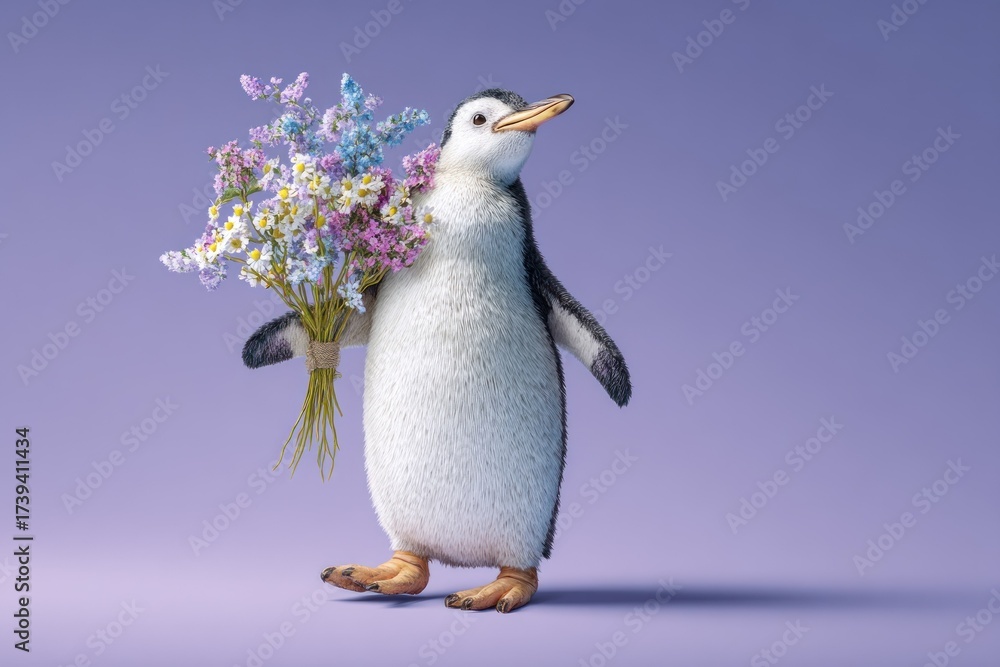 Fototapeta premium A charming penguin stands holding a bouquet of colorful flowers against a solid purple backdrop