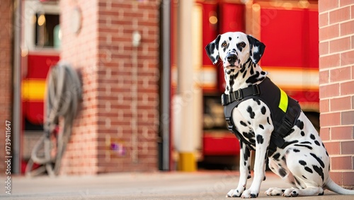 Dalmatian Fire Station Dog Wearing Reflective Vest Sitting On Concrete