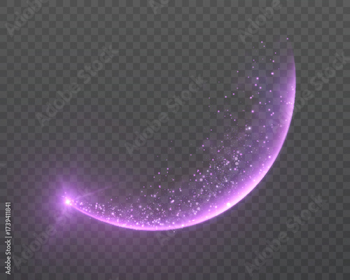 A purple magical comet effect with multiple sparkling bokeh and shimmering light effects. A magical semicircular flow for web design and fairy tales. Vector.