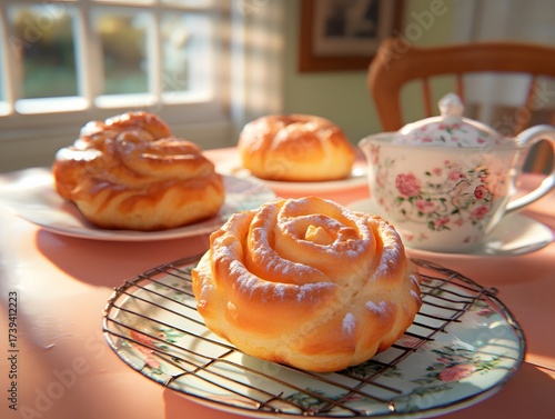 Delicious Rose-Shaped Pastry Buns on Table, Afternoon Tea Concept
