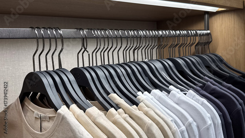 Things in the store hang in a neat row on hangers