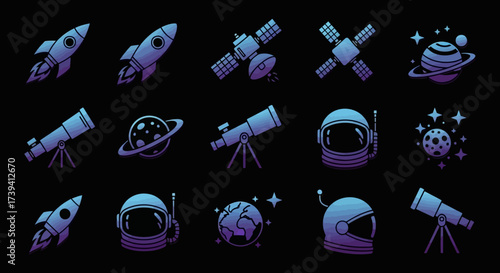 Space Exploration Icons Rockets, Telescopes, Astronauts, Planets Collection