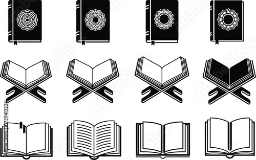 Book icon silhouette set, open and closed book vector, black and white sketch, reading symbol grid, literary design artwork