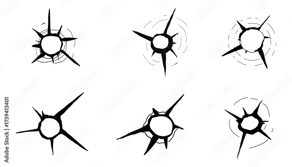 Obraz premium Bullet hole gun set shot weapon silhouette, impact impact marks gun, bullet hole gunshot. Damage from shoot.