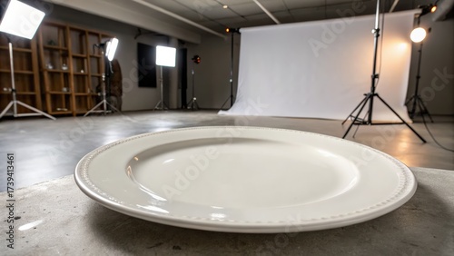 Studio setting with empty white plate and soft lighting backdrop