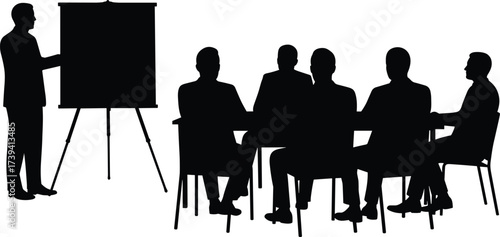 Business meeting silhouette, presenter with flip chart, seated team discussion, black vector illustration, corporate training, professional communication concept