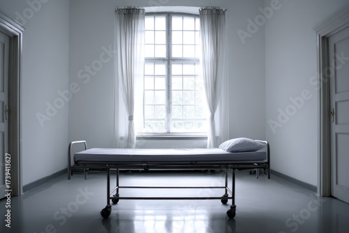 An empty room with a hospital bed facing a window draped with curtains and two closed doors