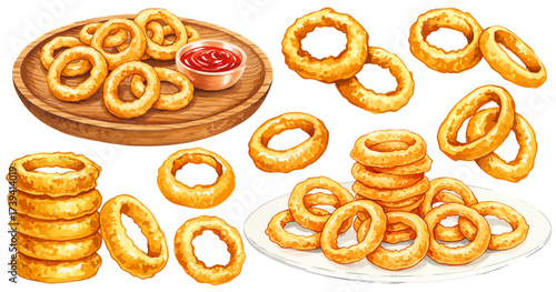 オニオンリングのイラストセット,タワー,ケチャップ,ファストフード,水彩風