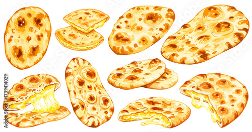 ナンのイラストセット,チーズナン,カレー,インド料理,水彩風フード