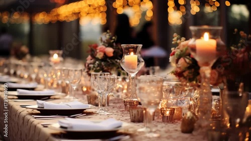 Elegant wedding table setting with soft candlelight and floral decor. Captured at eye level, perfect for a romantic event video backdrop. Live desktop wallpaper.