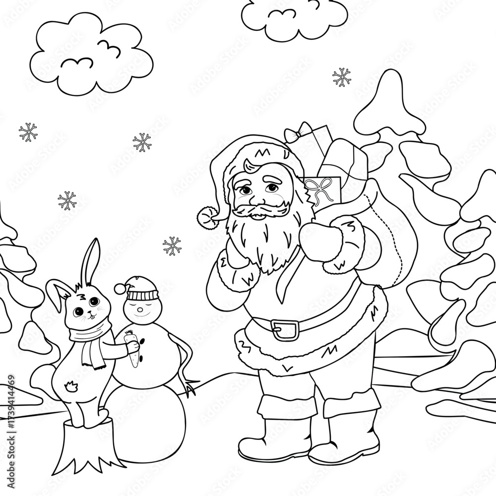 Fototapeta premium Coloring book for children, Santa Claus with rabbit. Holiday scenery outline vector illustration. 