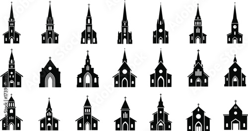 Church building silhouettes, religious architecture icons, steeples, crosses, windows, towers, roof shapes, worship places, vector illustration, black design set