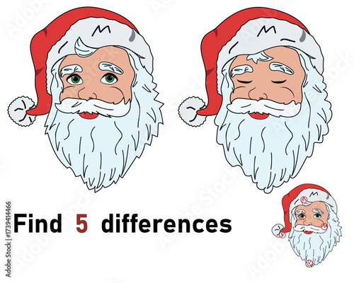Find 5 differences of Santa Claus. Vector education game for children