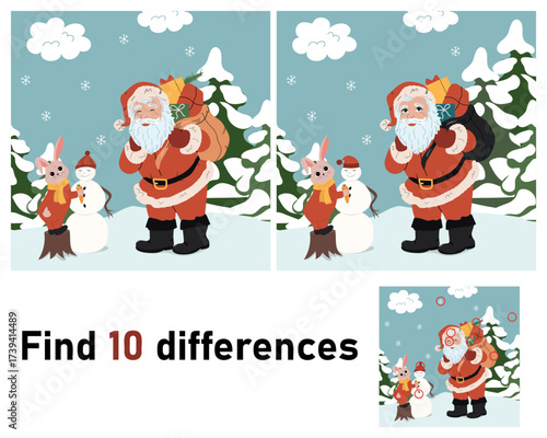 Find differences, game for children Santa Claus. The picture is of a winter scene. Vector education game for children
