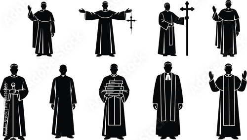 Clergy silhouette set, religious figure vector icons, black and white sketch, ceremonial pose grid, spiritual design illustration