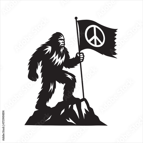 Black and white silhouette of Bigfoot (Yeti) standing on a mountain peak, holding a peace flag waving in the wind