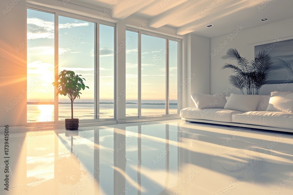 Fototapeta premium Bright living room with a view of the ocean at sunset showcasing modern design elements