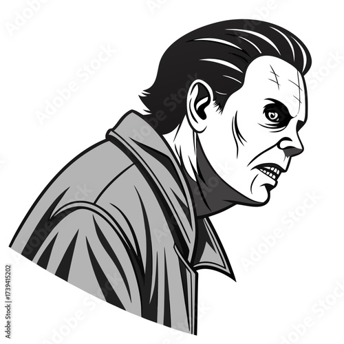 Black and white illustration of a menacing man in a grey jacket with dark hair male face