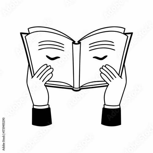 Black and white illustration of hands holding an open book with closed eyes on pages holding book reading