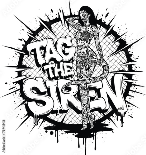 Tag The Siren Pin-Up Woman Covered in Tattoos and Graffiti Tags Black and White Vector
