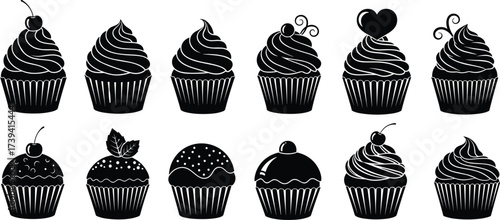 Cupcake silhouette illustration, dessert vector set, black and white sketch, topping design icons, sweet treat grid, bakery artwork