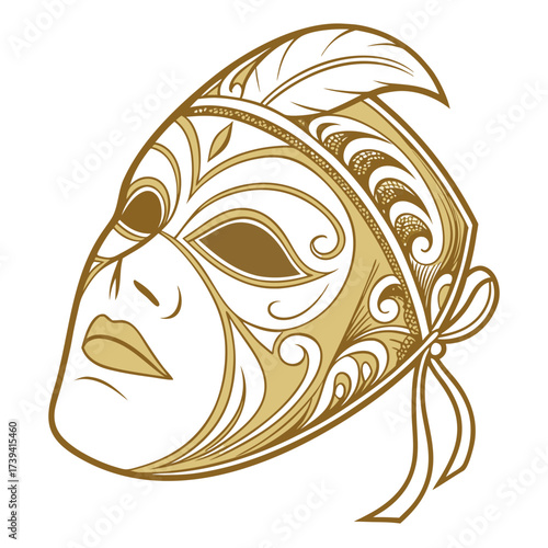 Golden ornate Venetian mask with feather and ribbon detail on white background masquerade