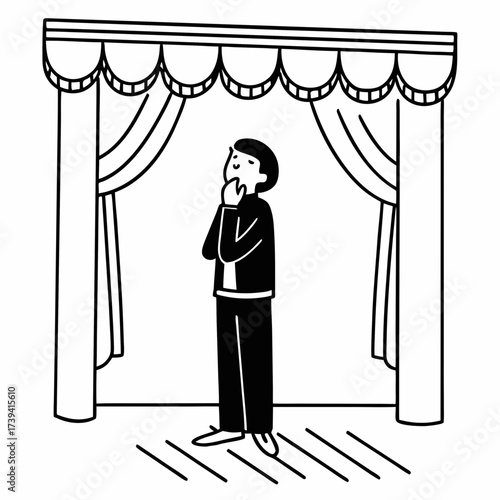 Man in black suit standing on stage with curtains contemplating performance acting
