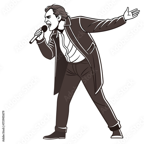 Man in dark suit singing into microphone with arm outstretched performance stage