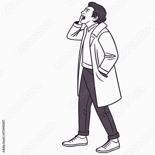 Man in white coat and dark pants walking and vocalizing with hand near mouth isolated on white background