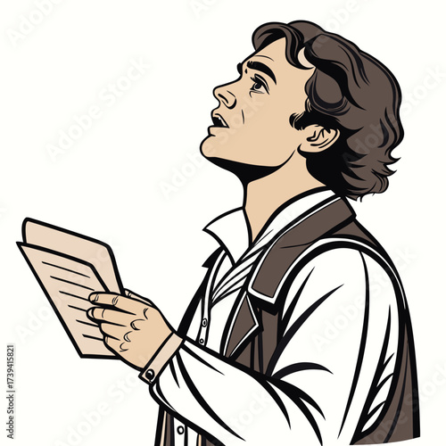 Man in vintage clothing holding papers looking up with hopeful expression male person