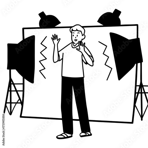 Man waving hands in front of studio backdrop with lighting equipment vector