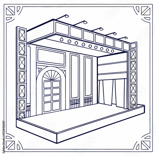 Stage structure with curtains and lighting rig outline on white background theater performance