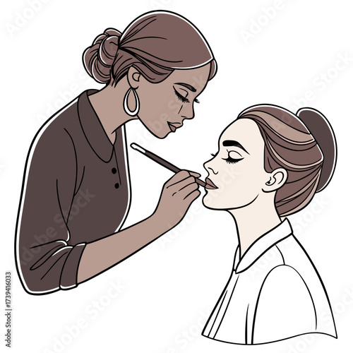 Stylized illustration of a makeup artist applying lipstick to a woman applying makeup beauty