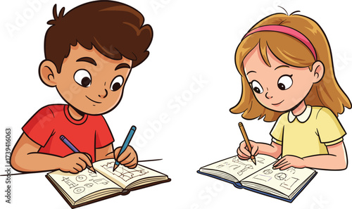 Cartoon boy and girl writing in notebooks, children studying, kids learning, drawing and writing, school education, study activity illustration