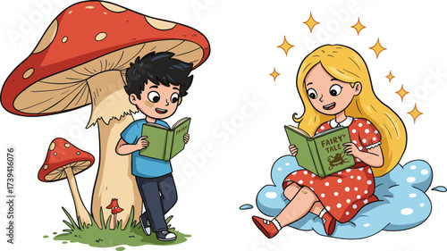 Cartoon boy and girl reading fairy tale books, children enjoying fantasy stories, magical illustration with mushroom, cloud, stars, and imagination