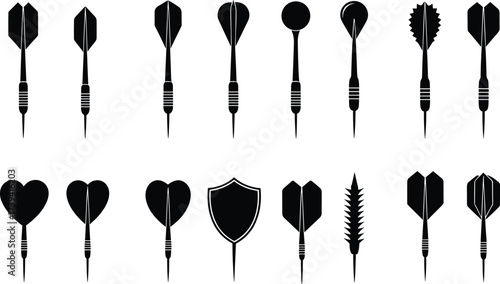 Dart silhouette illustration, flight design vector, black and white sketch, aerodynamic tail shapes, dart game icon grid, sport artwork